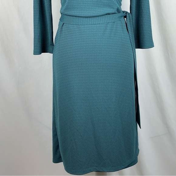 LOFT Teal & Black Wrap Dress With Fabric Belt - Picture 3 of 11